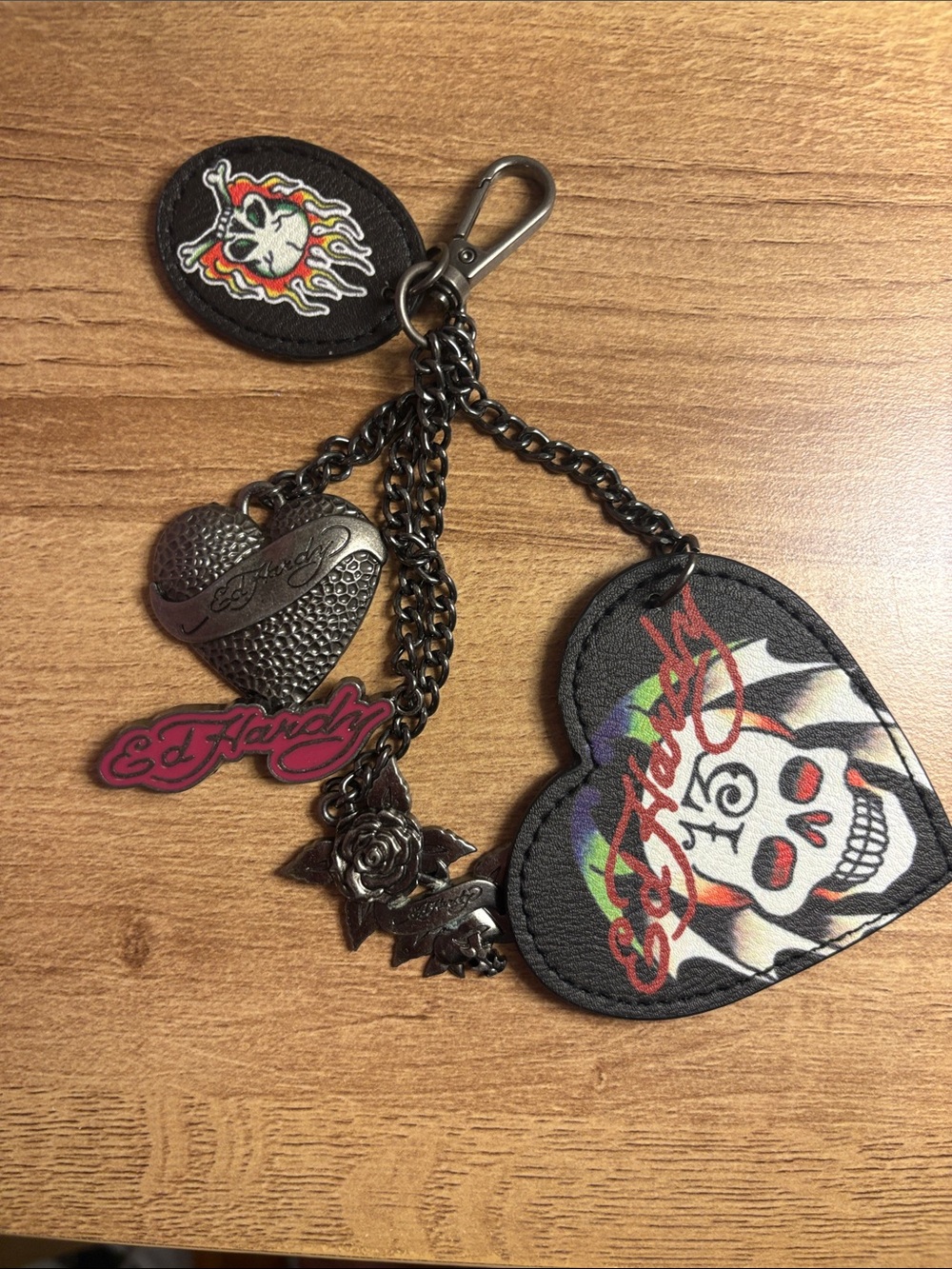 Ed Hardy Black Keychain with Red, White & Green Skull Heart Charms